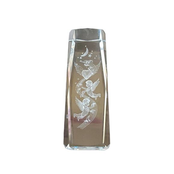 3D Cherub Laser Etched Lead Crystal Glass Solid Monolith Paperweight - Picture 1 of 7